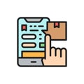Tracking parcel in application, delivery app flat color icon.