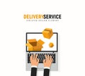 Tracking parcel online service. Laptop, hands and boxes vector isolated design element on white background. Delivery services Royalty Free Stock Photo