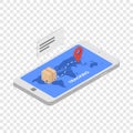 Tracking shipped box icon, isometric style