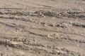 Tracks from car tires in liquid mud on road in early spring. Obstacle to driving. Sunlight, selective focus Royalty Free Stock Photo