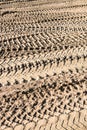 Tracks on the sand from the wheels and tracks of a tank, tractor, machine Royalty Free Stock Photo