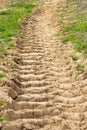 Tracks of a tractor in the ground on a dry meadow Royalty Free Stock Photo