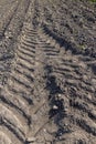 tracks from the tread of trucks and tractors on the field Royalty Free Stock Photo