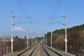 Traction power line rail corridor. Railroad tracks.