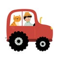 Boy farmer and cat driving on the tractor. Agriculture transport