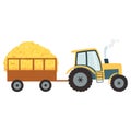 Tractor with agricultural haycock in the trailer in cartoon flat style, rural hay rolled stack, dried farm haystack