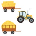 Tractor with agricultural haycock in the trailer in cartoon flat style, rural hay rolled stack, dried farm haystack