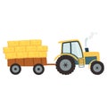 Tractor with agricultural haycock in the trailer in cartoon flat style, rural hay rolled stack, dried farm haystack