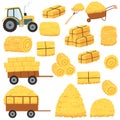 Tractor with agricultural haycock in the trailer, wheelbarrow in cartoon flat style, rural hay rolled stack, dried farm