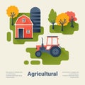 Tractor and Barn on the Farm. Agricultural Industry Concept. Flat Style with Long Shadows. Clean Design.