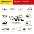 Tractor-based vehicle construction machinery transport icons set Royalty Free Stock Photo