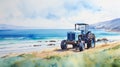 Tractor By The Beach: A Whistlerian Watercolor Painting