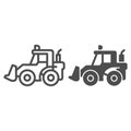 Tractor with bucket line and solid icon, heavy equipment concept, Backhoe sign on white background, Backhoe loader