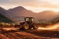 tractor bulldozer moving soil to create an earthen dam with mountains in the background during sunrise, Generative AI