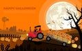 The tractor carrying smiley Halloween pumpkins in trailer with background of farm and full moon. Flat cartoon vector illustration