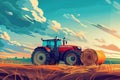Tractor collecting grass into bales. Generative AI. Royalty Free Stock Photo