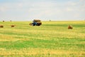 The tractor collects the hay in sheaves and takes it off the field after the mowing of the grain. Agroindustrial industry.