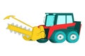 Tractor cutting wood lumberjack work Excavator equipment machinery cartoon wood transporting trees vector illustration