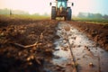 tractor on damp soil after rainfall and a slight mist during early morning, Generative AI