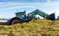 Tractor digger arranging crushed corn mass for feeding cows