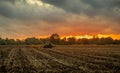 Tractor disc harrowing at sunrise.