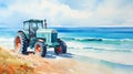 Tractor In The Distance Watercolor Painting Of A Beautiful Morning Scene