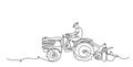 Tractor driver farmer, man. Vector background, banner, poster,agriculture machinery concept. One continuous line art Royalty Free Stock Photo