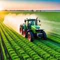A tractor drives across a green field and sprays poisons at dawn by