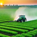 A tractor drives across a green field and sprays poisons at dawn by