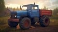 Tractor drives across large field for sowing seeds, drone view created with generative AI technology Royalty Free Stock Photo