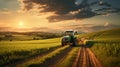 Tractor Driving In Farm: Painterly Landscapes At Summer Sunset