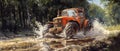 The tractor is driving in the mud. A huge tractor drives quickly through the mud. Water, dirt, branches, stones
