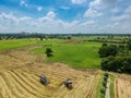 Tractor driving over rice field on harvest