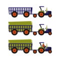 Tractor with an empty trailer. Tractor loaded with sugarcane. Tractor with a black tractor driver in the cab. Harvesting of