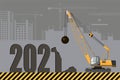 Tractor excavator with a ball-baba at work at a construction site. New Year card, 2021. Vector illustration