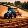 Tractor in farm field, working with crops, agriculture industry machinery Royalty Free Stock Photo