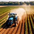 Tractor in farm field, working with crops, agriculture industry machinery Royalty Free Stock Photo