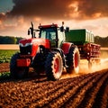 Tractor in farm field, working with crops, agriculture industry machinery Royalty Free Stock Photo