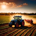 Tractor in farm field, working with crops, agriculture industry machinery Royalty Free Stock Photo