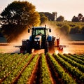 Tractor in farm field, working with crops, agriculture industry machinery Royalty Free Stock Photo