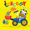 Tractor in the farm funny animal cartoon,vector illustration