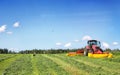 Tractor on the field, surrounded by storks Royalty Free Stock Photo