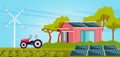 tractor on field with wind turbines energy renewable station waste free world clean power carbon credit concept Royalty Free Stock Photo