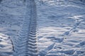 Tractor footprint snow Winter season. Abstract pattern.