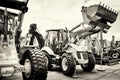 Tractor with front loader bucket agricultural machines retro style