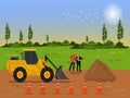 Tractor is grading to make the road. Two  construction supervisor are working on the road. with  fields and sky in the Royalty Free Stock Photo