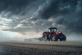 Tractor with harrow in the field against a cloudy sky. Generative AI