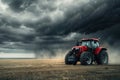 Tractor with harrow in the field against a cloudy sky. Generative AI