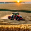 A tractor harvesting wheat starch in the sunset on a