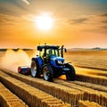 A tractor harvesting wheat starch in the sunset on a
